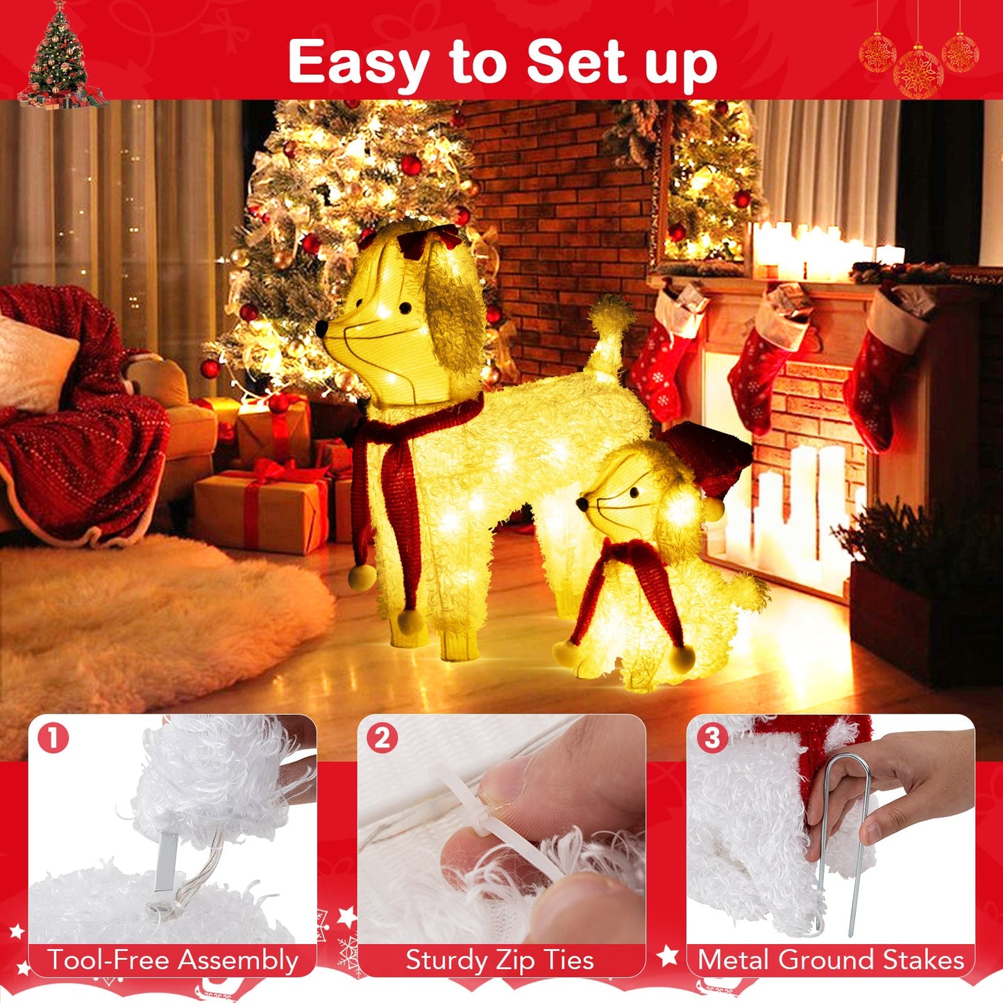 Tangkula 2-Piece Christmas Lighted Dogs, 3D Xmas Light-up Cute Poodle with 60 LED Lights, Red Scarves