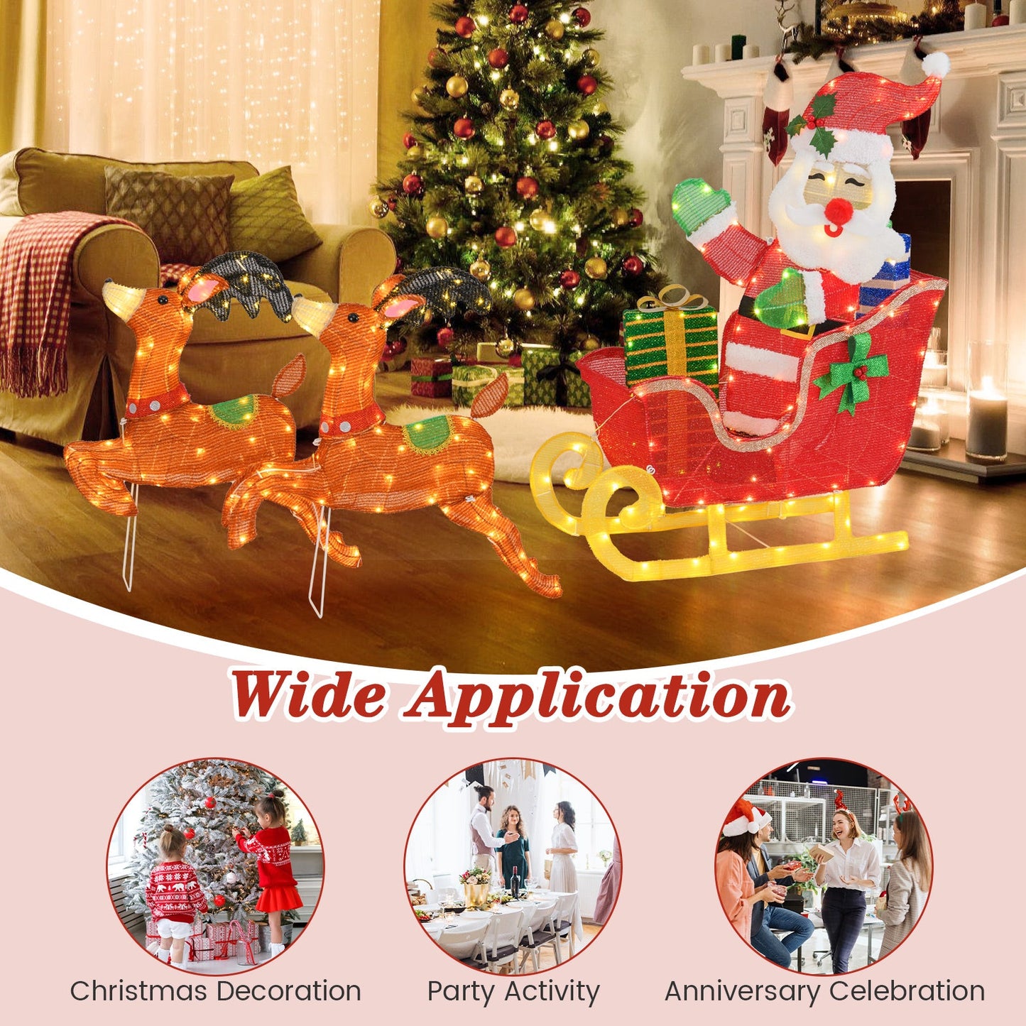 Tangkula 5 FT Christmas Lighted Reindeers with Santa Claus Sleigh, Outdoor Light-up Xmas Decoration Set with 239 LED Lights