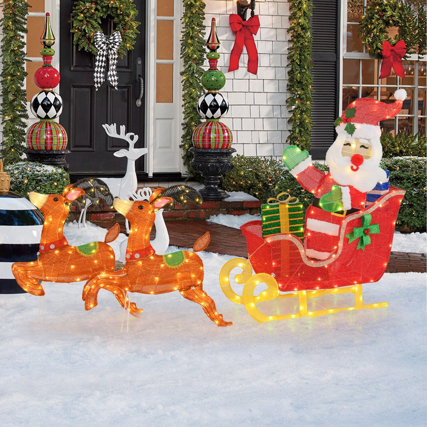 Tangkula 5 FT Christmas Lighted Reindeers with Santa Claus Sleigh, Outdoor Light-up Xmas Decoration Set with 239 LED Lights