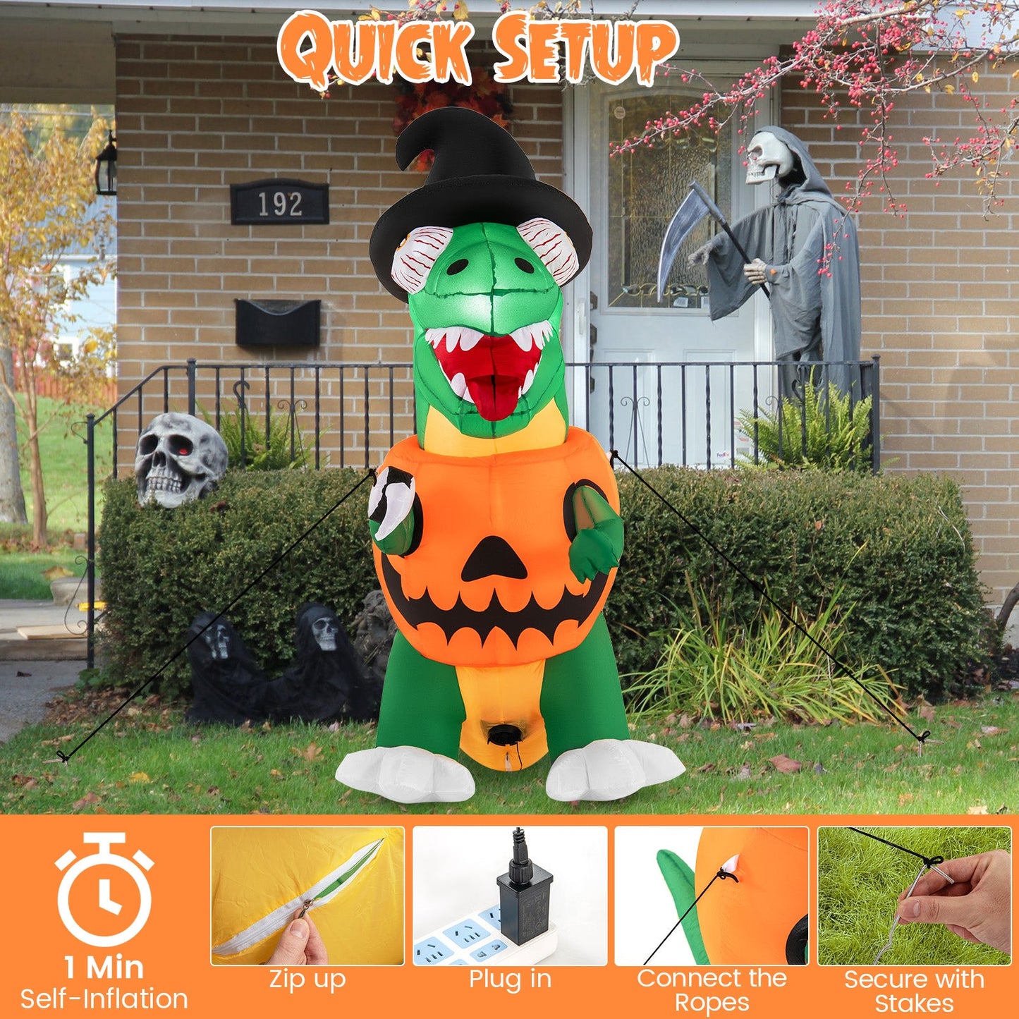 Tangkula 6 FT Halloween Inflatables Pumpkin Dinosaur with Witch Hat, Hook Hand & Built-in LED Lights