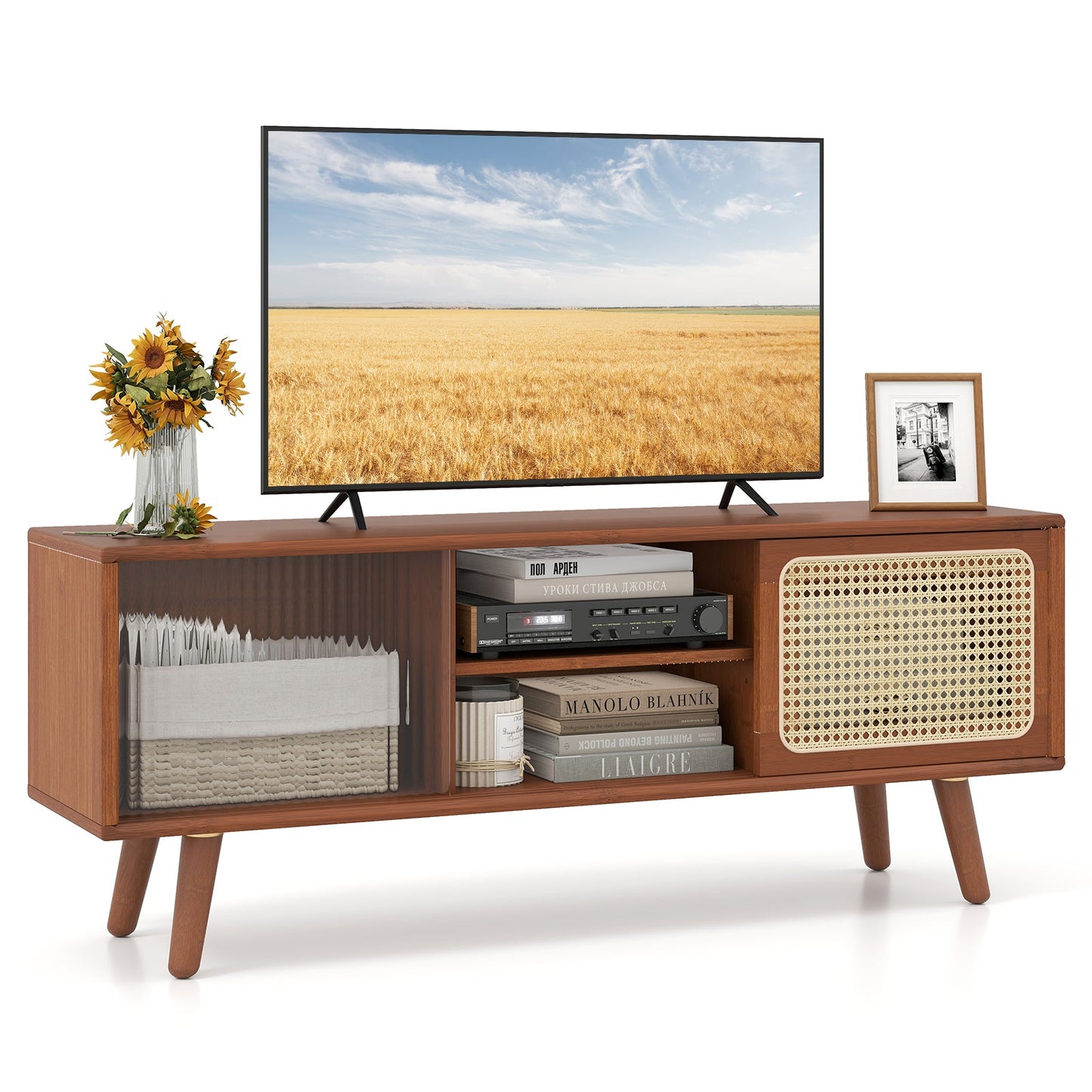 Tangkula Mid Century Modern TV Stand for TVs up to 55 Inch, Bamboo Entertainment Center w/PE Rattan & Tempered Glass Sliding Doors