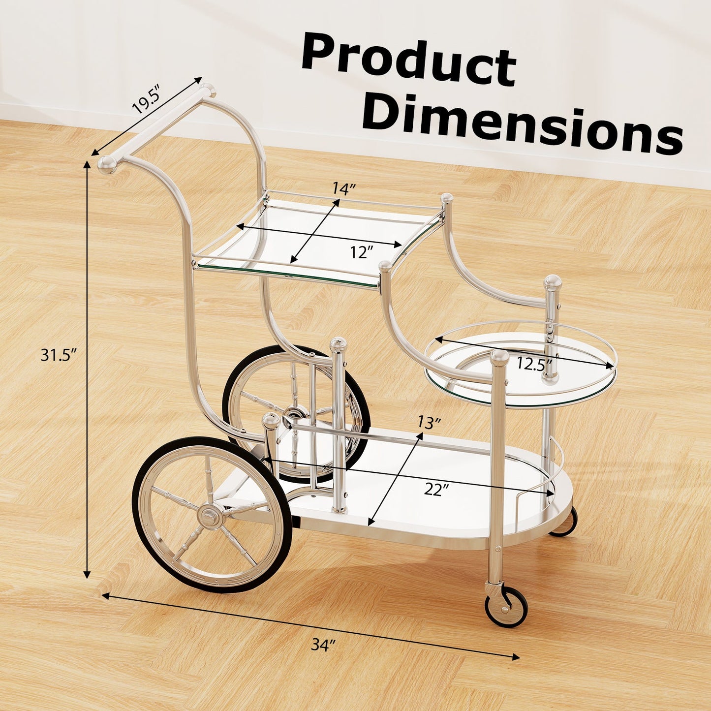 Tangkula Rolling Bar Cart, Metal Serving Cart with Tempered Glass, 3-Tier Glass Bar and Serving Cart