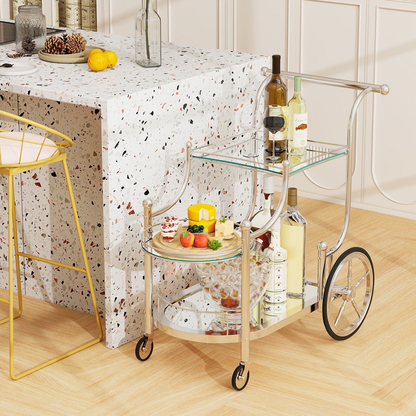 Tangkula Rolling Bar Cart, Metal Serving Cart with Tempered Glass, 3-Tier Glass Bar and Serving Cart
