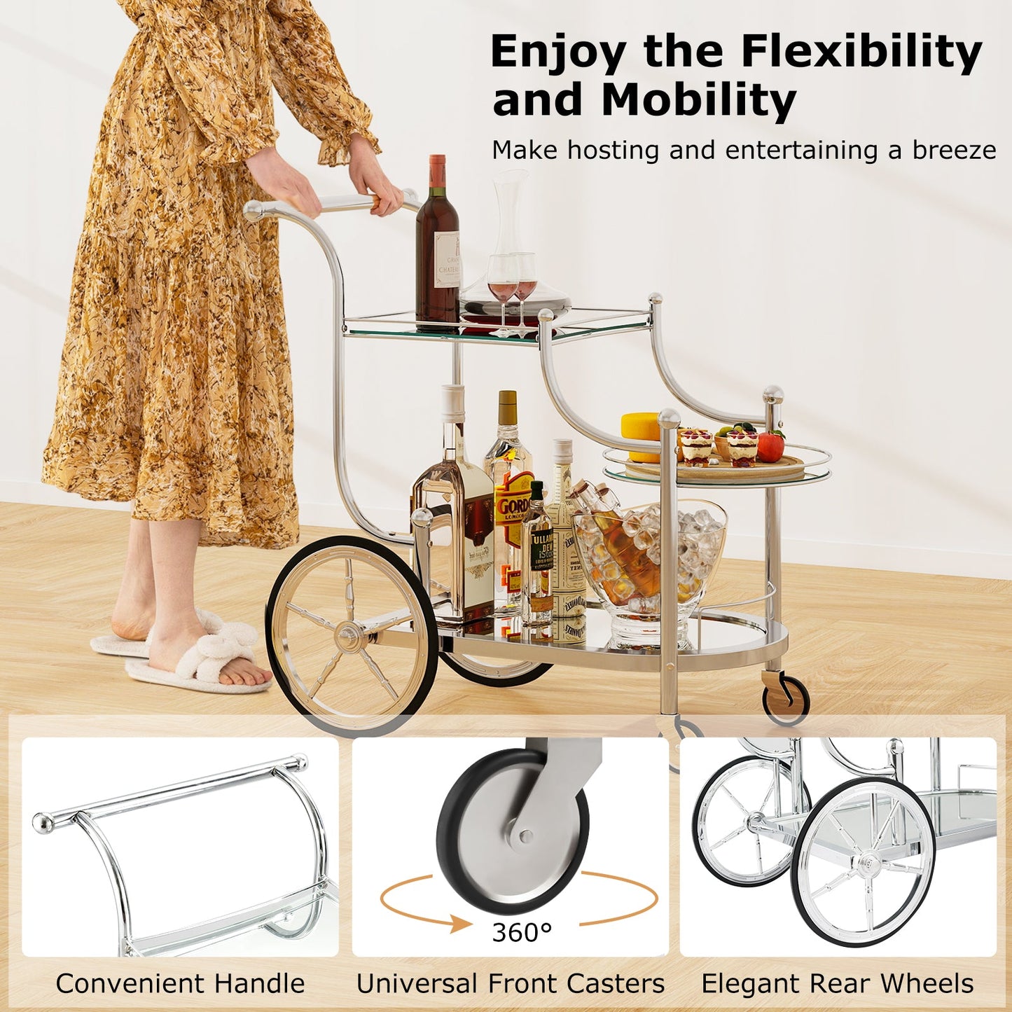 Tangkula Rolling Bar Cart, Metal Serving Cart with Tempered Glass, 3-Tier Glass Bar and Serving Cart