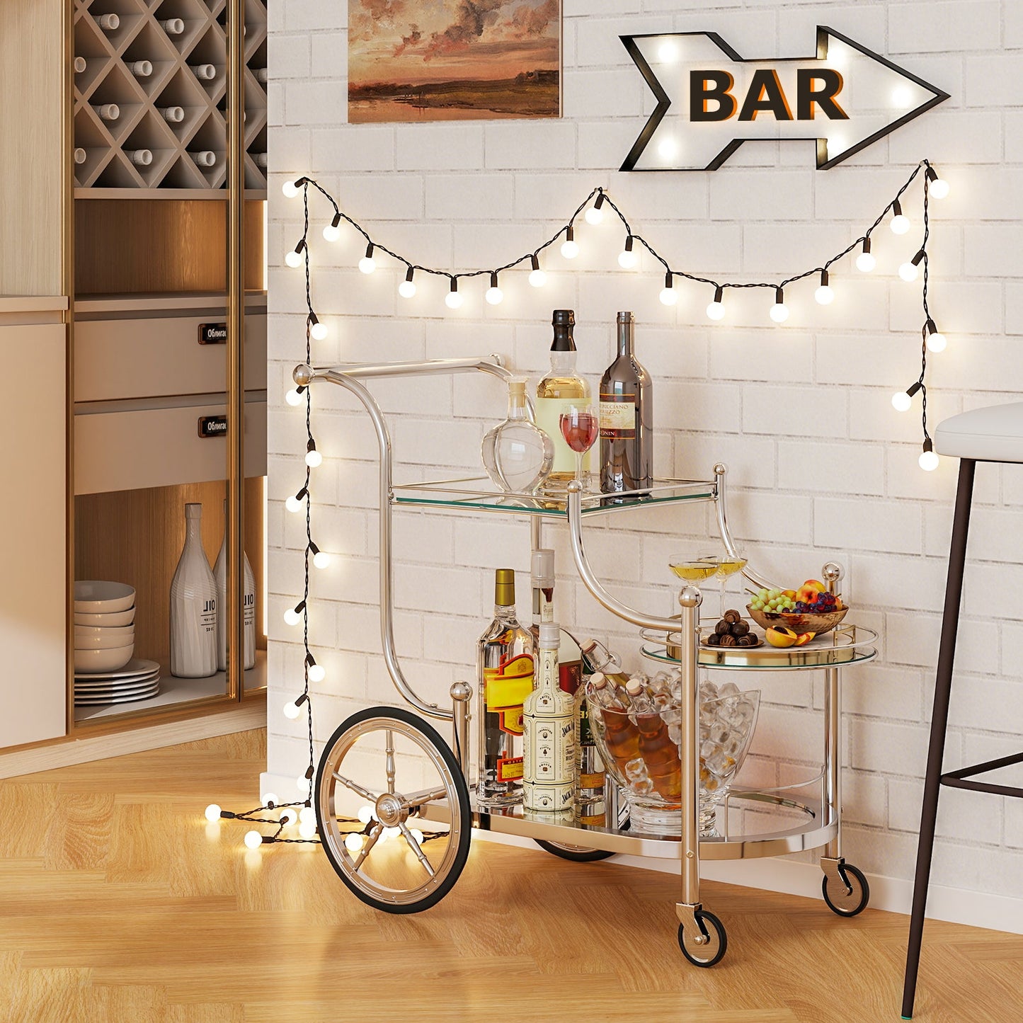 Tangkula Rolling Bar Cart, Metal Serving Cart with Tempered Glass, 3-Tier Glass Bar and Serving Cart