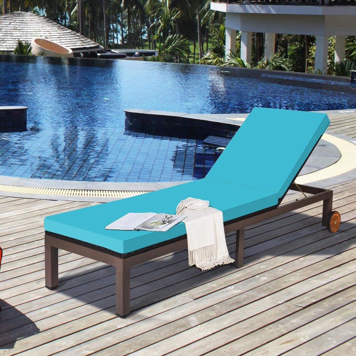 Tangkula Patio Chaise Lounge Chair, Outdoor Rattan Lounger Recliner Chair with Wheels