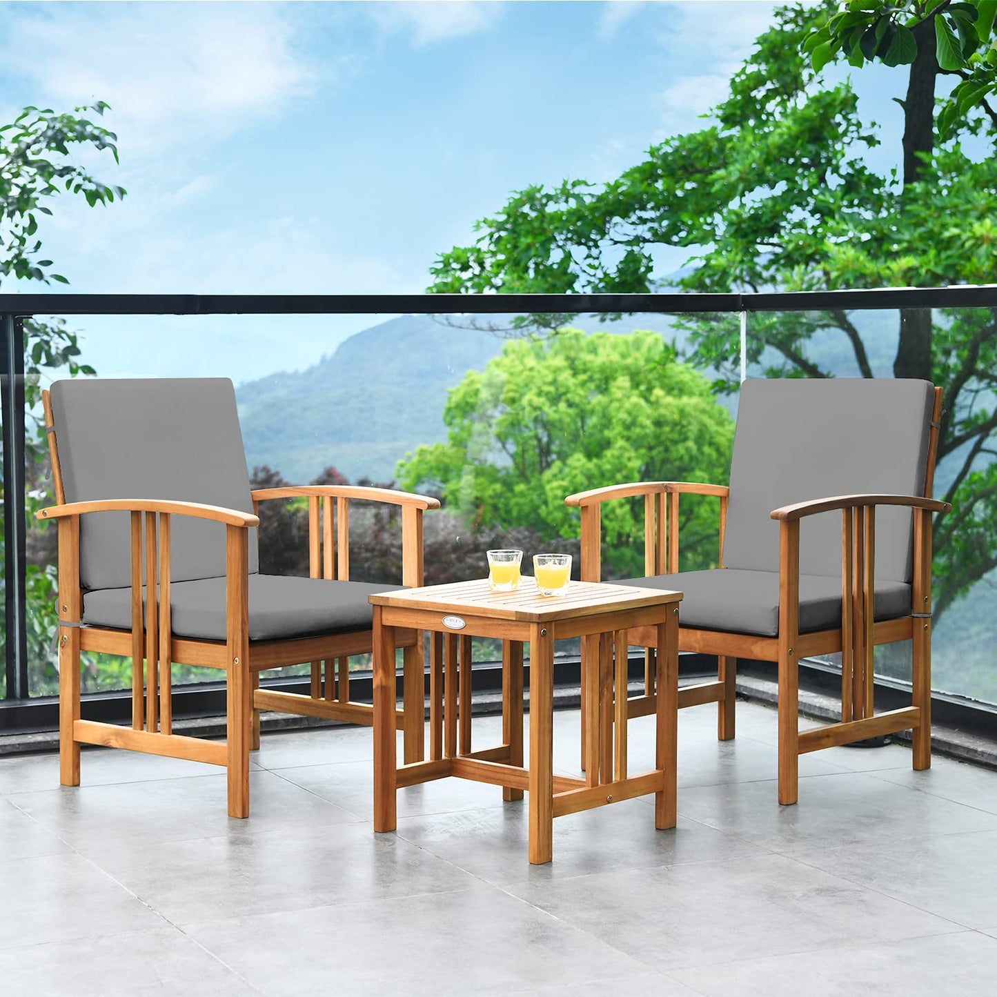 Tangkula 3-Piece Outdoor Acacia Wood Sofa Set w/Cushions