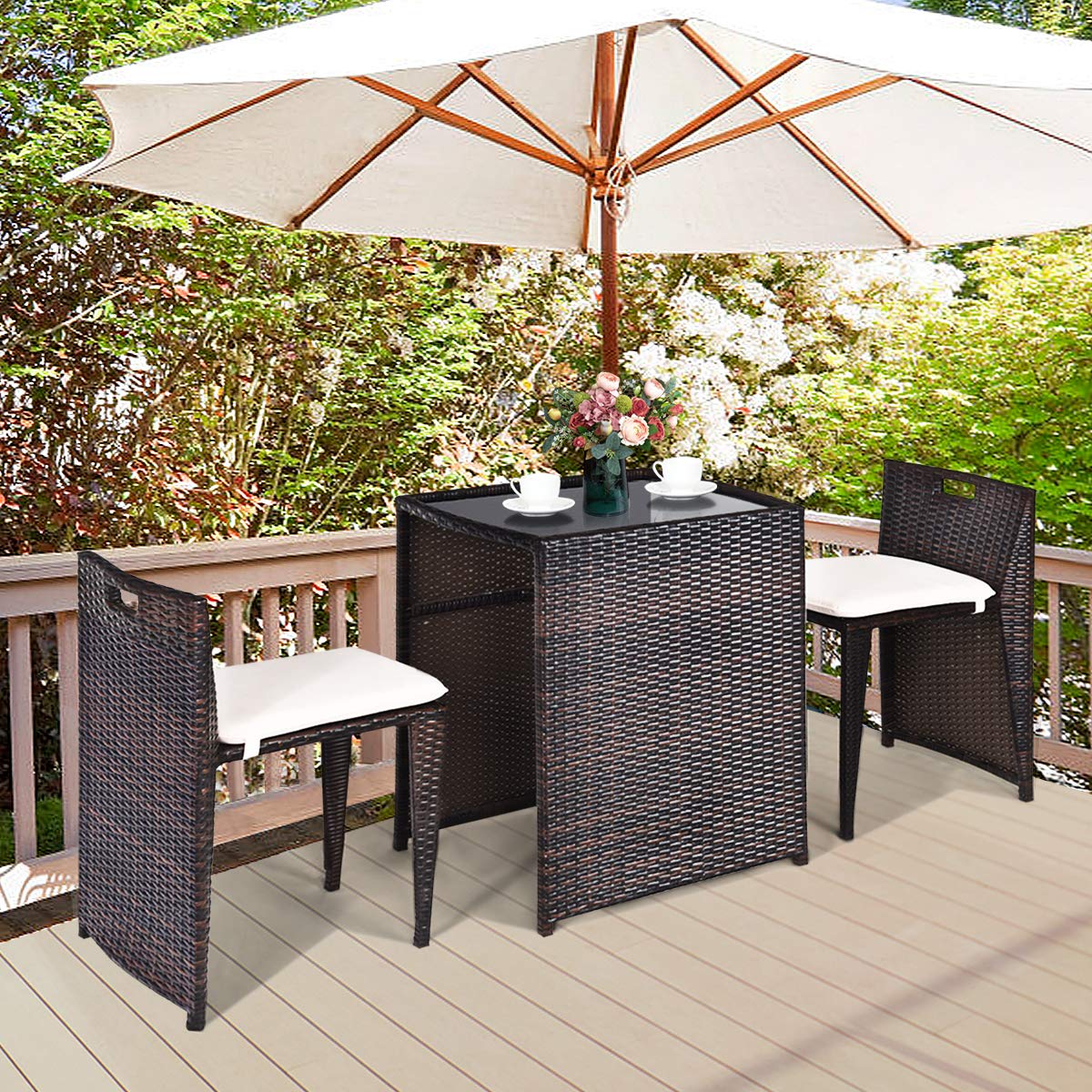 Tangkula 3 PCS Outdoor Rattan Dining Set (Brown)