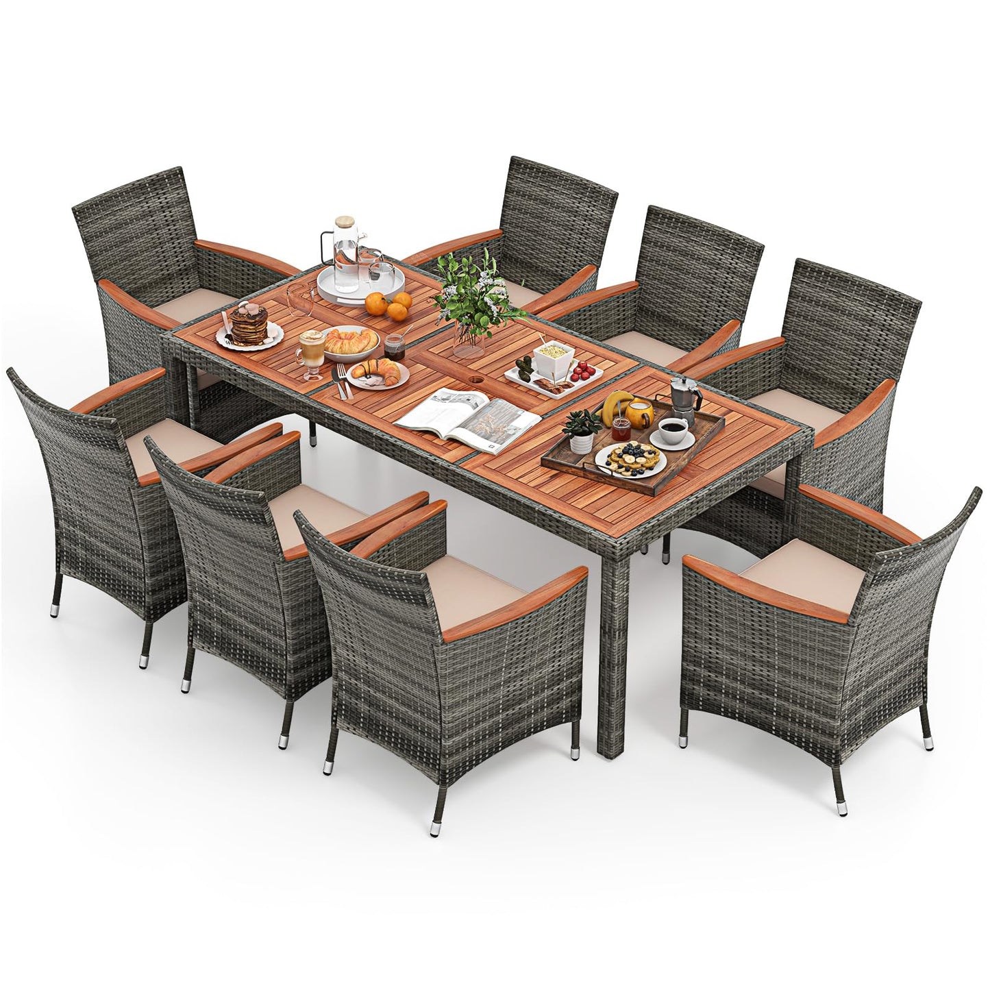 Tangkula Ensemble de salle à manger de patio 9 pièces, mobilier d'extérieur en bois d'acacia et rotin