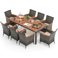 Tangkula Ensemble de salle à manger de patio 9 pièces, mobilier d'extérieur en bois d'acacia et rotin