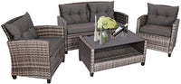 Tangkula 4 PCS Patio Wicker Conversation Furniture Set, Outdoor Rattan Sofa Set with Padded Cushion & Tempered Glass Coffee Table