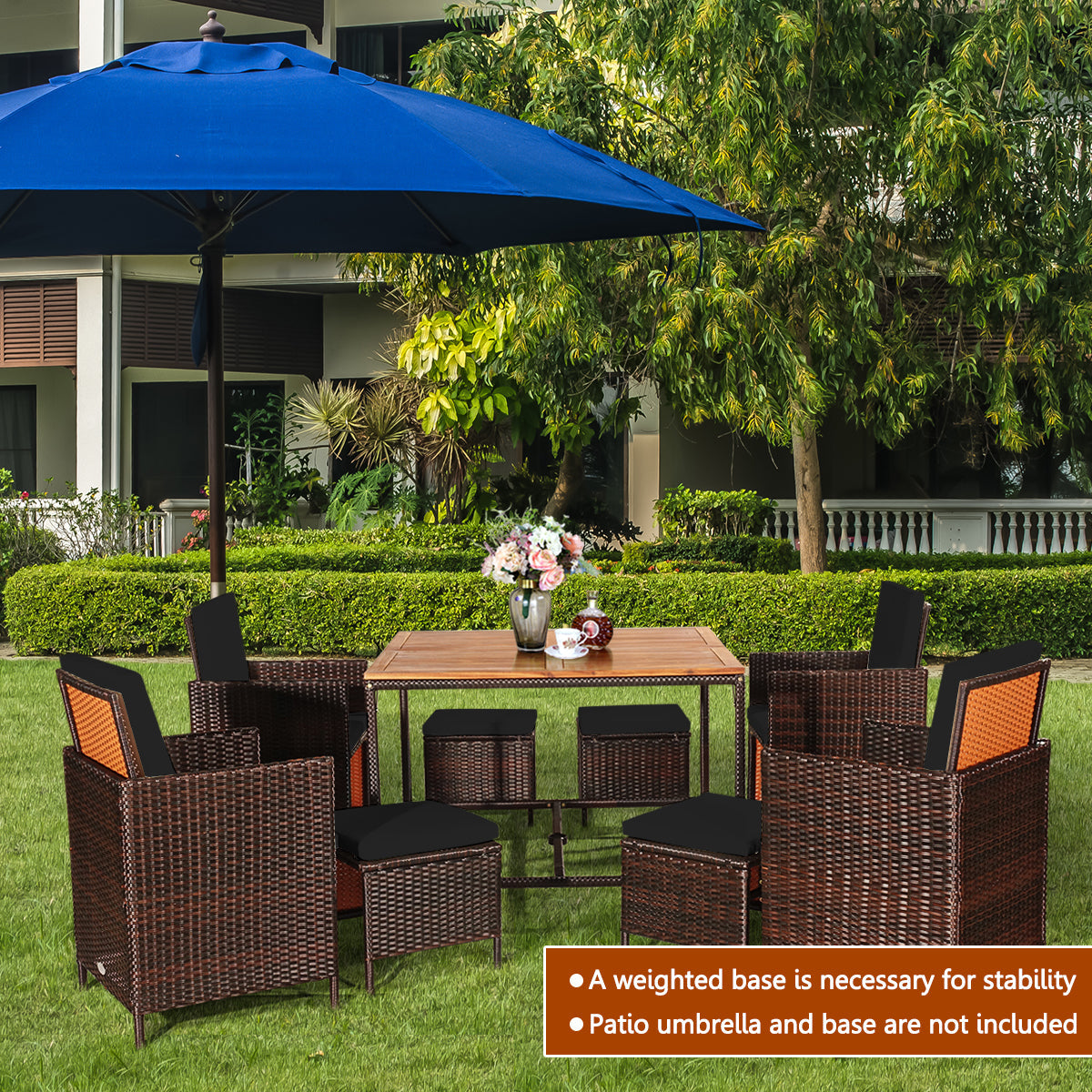 Tangkula 9 Pieces Acacia Wood Patio Dining Set, Space Saving Wicker Chairs and Wood Table with Umbrella Hole Outdoor Furniture Set