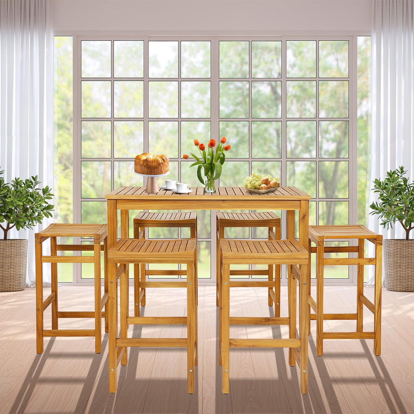 Tangkula 5 Piece Outdoor Acacia Wood Bar Table Set, 45" Rectangular High Top Table with 4 Saddle Seat Bar Height Stools