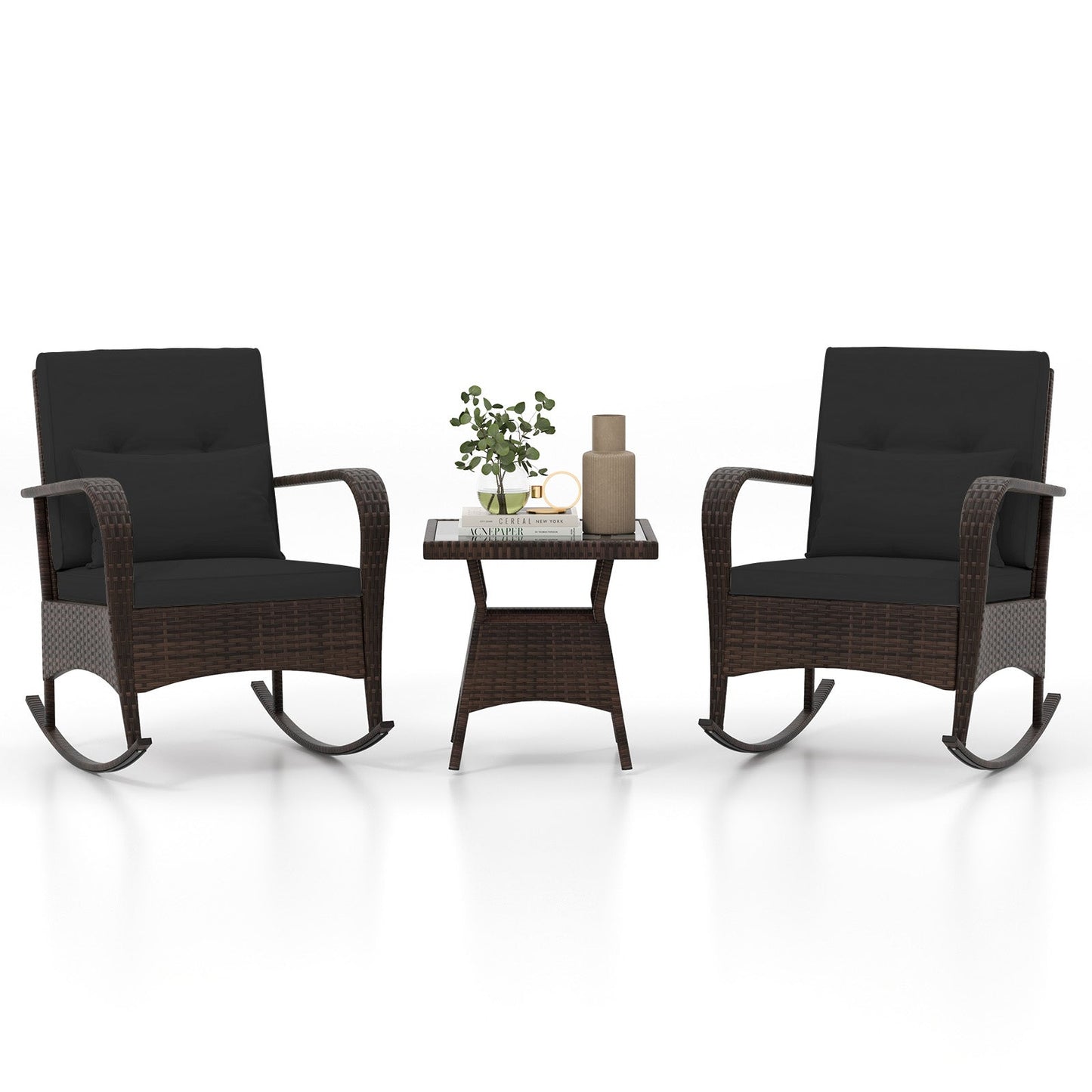 Tangkula 3 Pieces Rocking Bistro Set, Patiojoy Outdoor PE Rattan Rocker Chairs with Removable Cushions & Tempered Glass Top Coffee Table