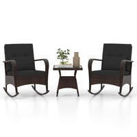 Tangkula 3 Pieces Rocking Bistro Set, Patiojoy Outdoor PE Rattan Rocker Chairs with Removable Cushions & Tempered Glass Top Coffee Table