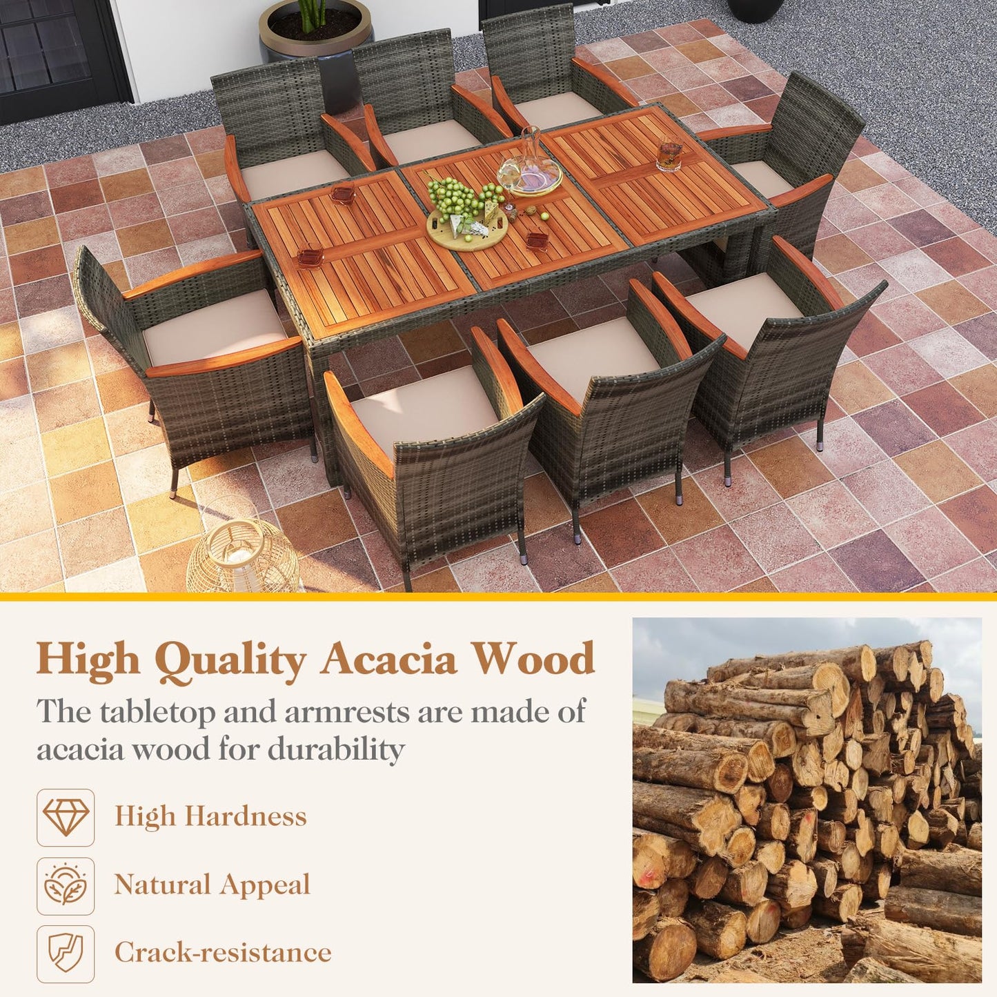 Tangkula Ensemble de salle à manger de patio 9 pièces, mobilier d'extérieur en bois d'acacia et rotin