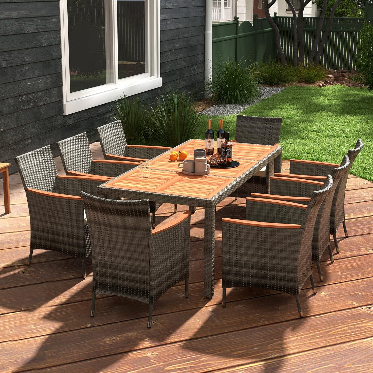 Tangkula Ensemble de salle à manger de patio 9 pièces, mobilier d'extérieur en bois d'acacia et rotin