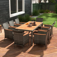 Tangkula Ensemble de salle à manger de patio 9 pièces, mobilier d'extérieur en bois d'acacia et rotin