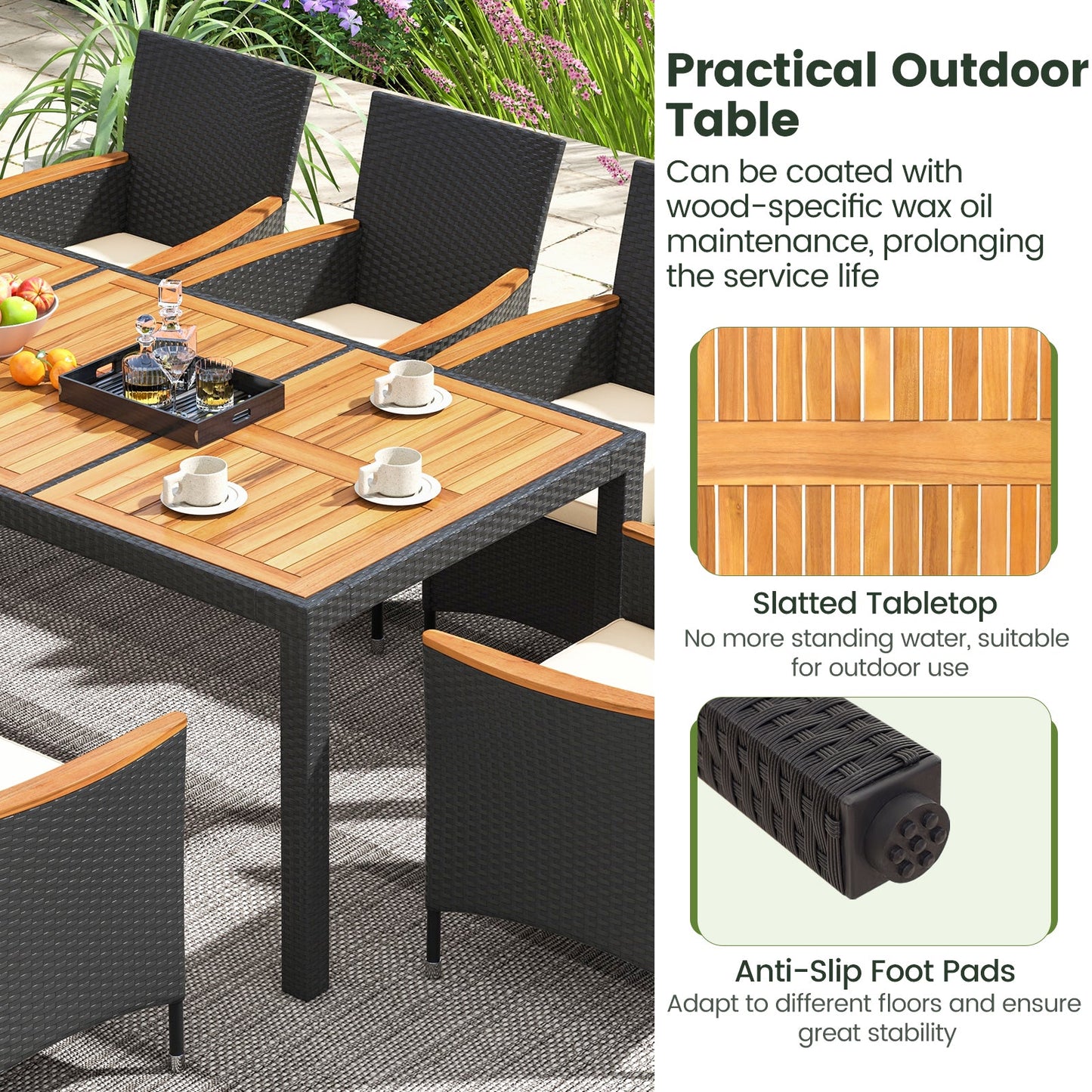 Tangkula 9 PCS Patio Dining Set for 8, Large Conversation Set with Umbrella Hole, Seat Cushion & Acacia Wood Tabletop