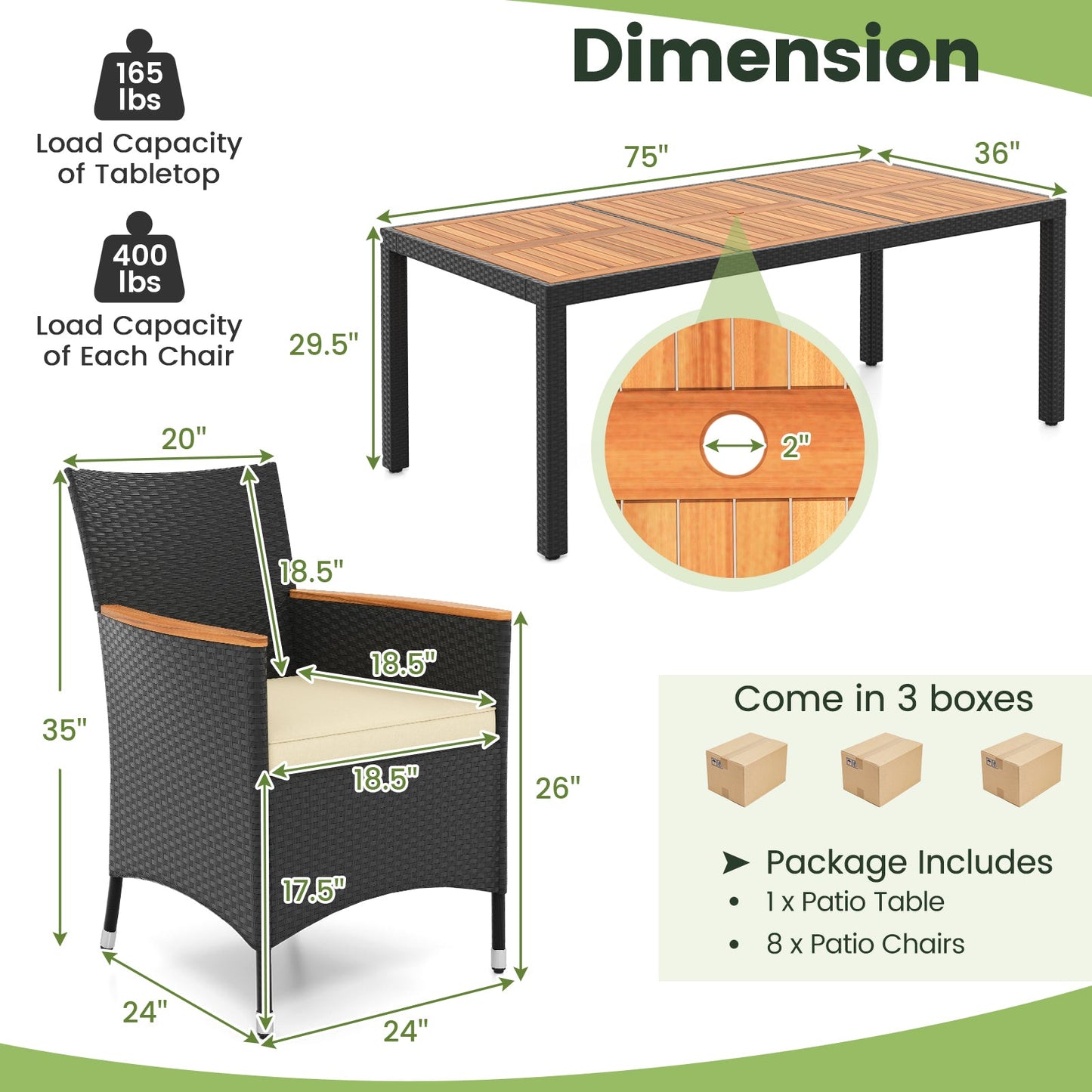 Tangkula 9 PCS Patio Dining Set for 8, Large Conversation Set with Umbrella Hole, Seat Cushion & Acacia Wood Tabletop