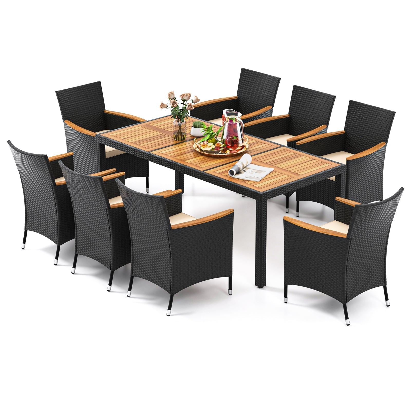 Tangkula 9 PCS Patio Dining Set for 8, Large Conversation Set with Umbrella Hole, Seat Cushion & Acacia Wood Tabletop