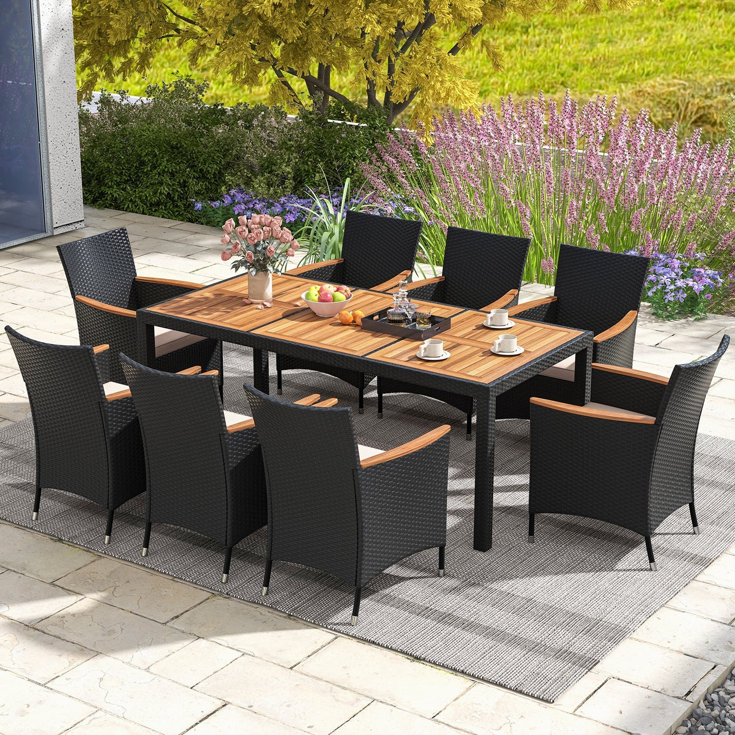 Tangkula 9 PCS Patio Dining Set for 8, Large Conversation Set with Umbrella Hole, Seat Cushion & Acacia Wood Tabletop