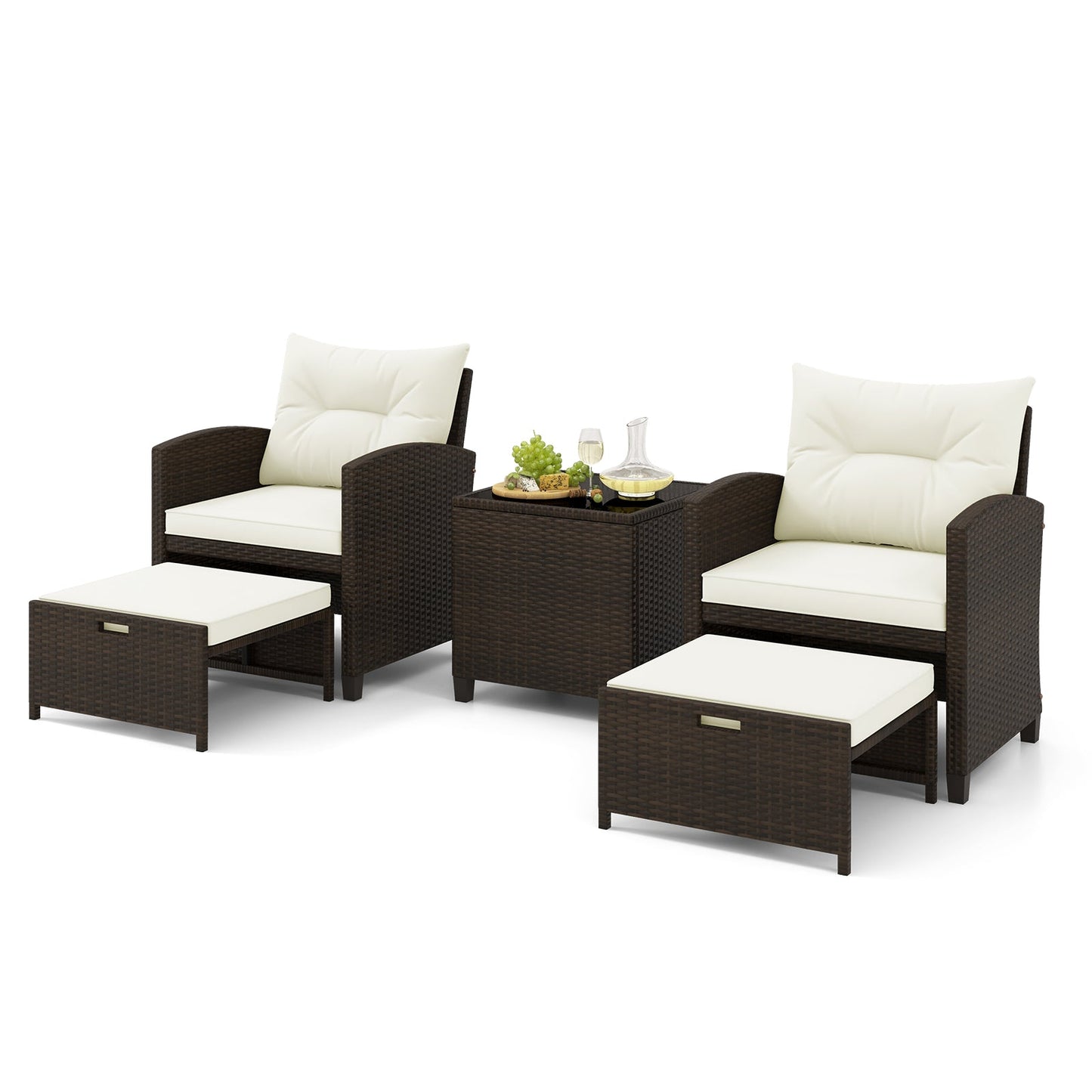 Tangkula 5 Piece Patio Rattan Furniture, Wicker Cushioned Chairs Set w/ 2 Ottomans & Tempered Glass Coffee Table