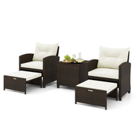 Tangkula 5 Piece Patio Rattan Furniture, Wicker Cushioned Chairs Set w/ 2 Ottomans & Tempered Glass Coffee Table