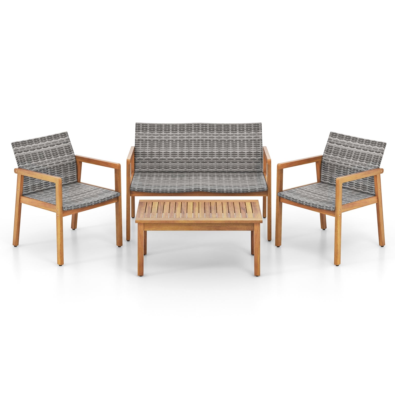 Tangkula 4/8 Pieces Outdoor Furniture Set, Acacia Wood Frame Sofa Set w/Rattan Seat & Back