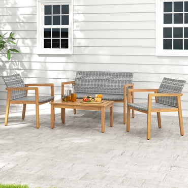 Tangkula 4/8 Pieces Outdoor Furniture Set, Acacia Wood Frame Sofa Set w/Rattan Seat & Back