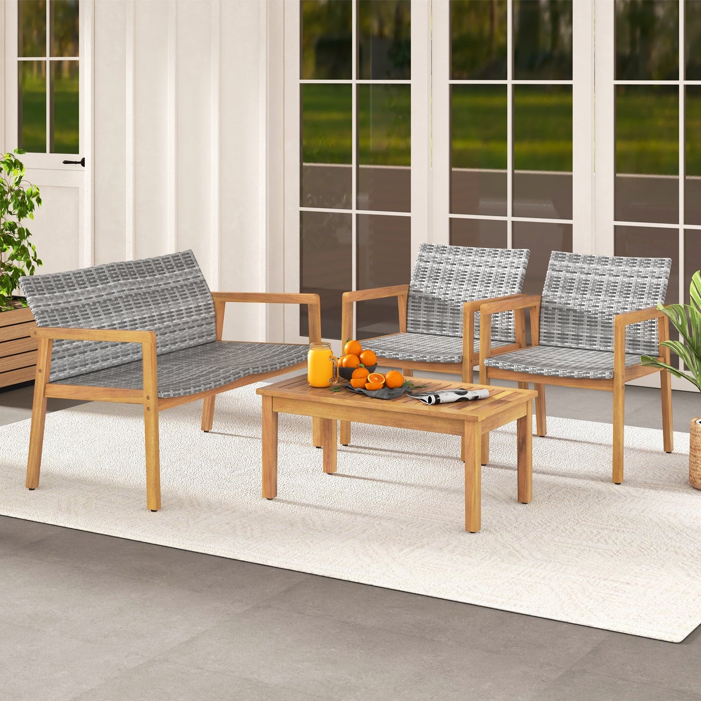 Tangkula 4/8 Pieces Outdoor Furniture Set, Acacia Wood Frame Sofa Set w/Rattan Seat & Back