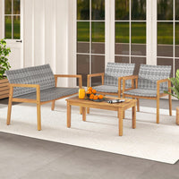 Tangkula 4/8 Pieces Outdoor Furniture Set, Acacia Wood Frame Sofa Set w/Rattan Seat & Back