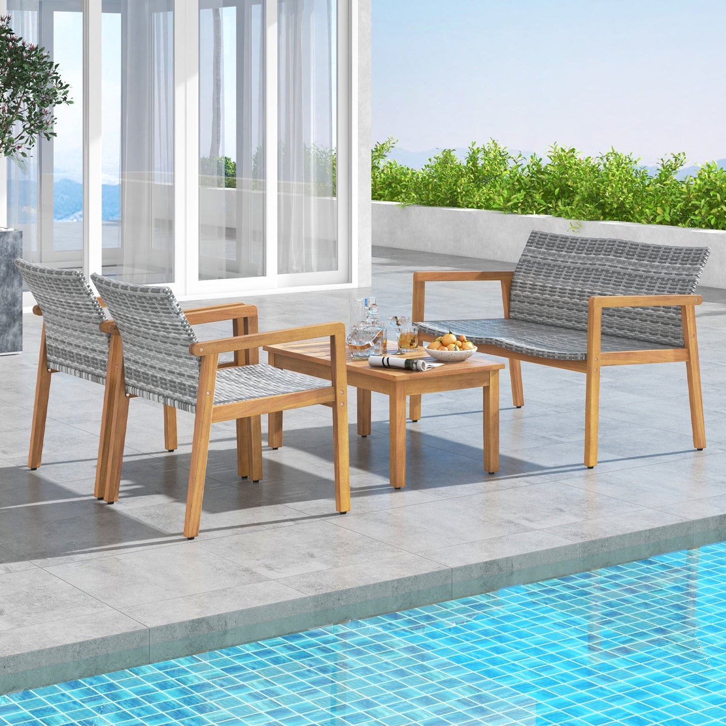 Tangkula 4/8 Pieces Outdoor Furniture Set, Acacia Wood Frame Sofa Set w/Rattan Seat & Back