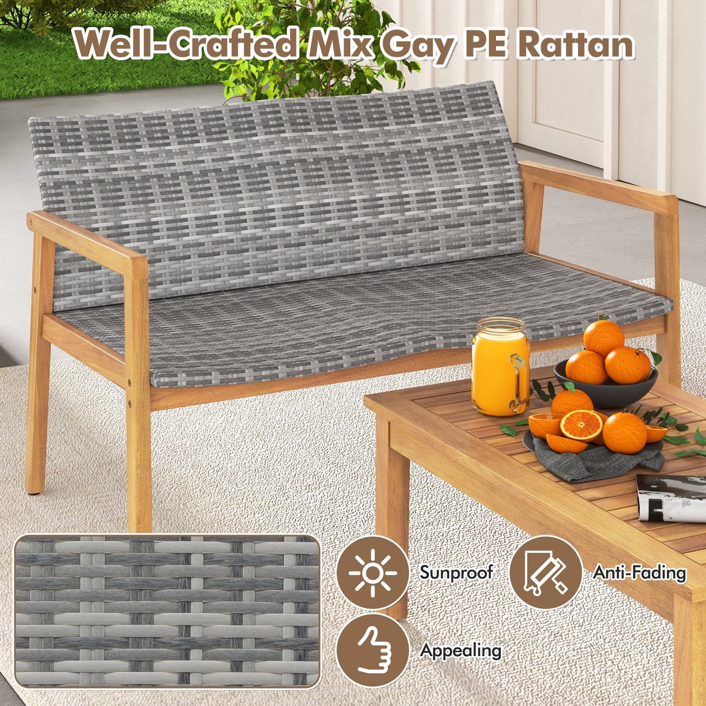 Tangkula 4/8 Pieces Outdoor Furniture Set, Acacia Wood Frame Sofa Set w/Rattan Seat & Back