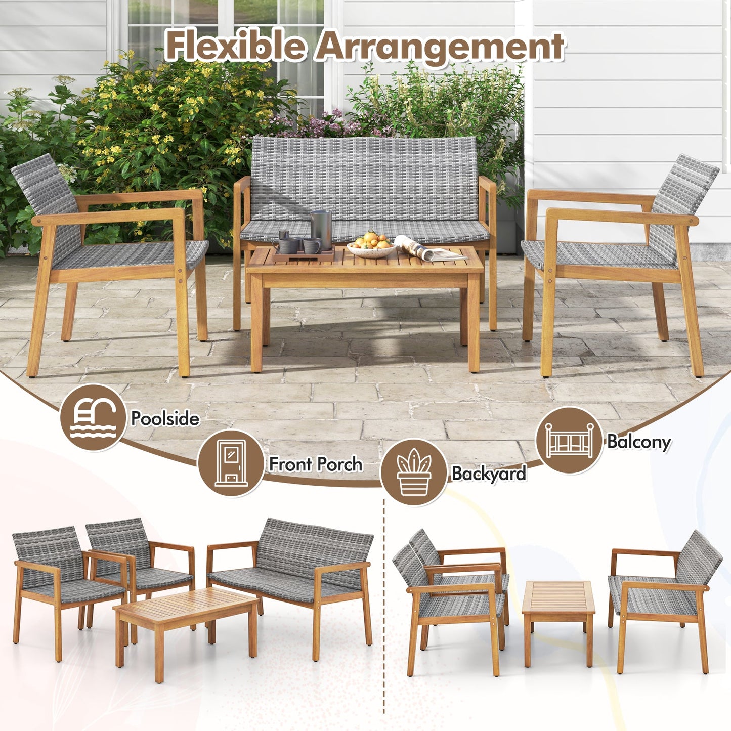 Tangkula 4/8 Pieces Outdoor Furniture Set, Acacia Wood Frame Sofa Set w/Rattan Seat & Back