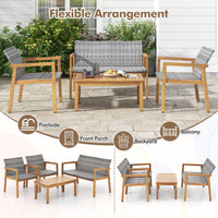 Tangkula 4/8 Pieces Outdoor Furniture Set, Acacia Wood Frame Sofa Set w/Rattan Seat & Back
