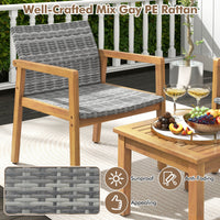 Tangkula 3 Pieces Outdoor Furniture Set, Acacia Wood Frame Sofa Set w/Rattan Seat & Back