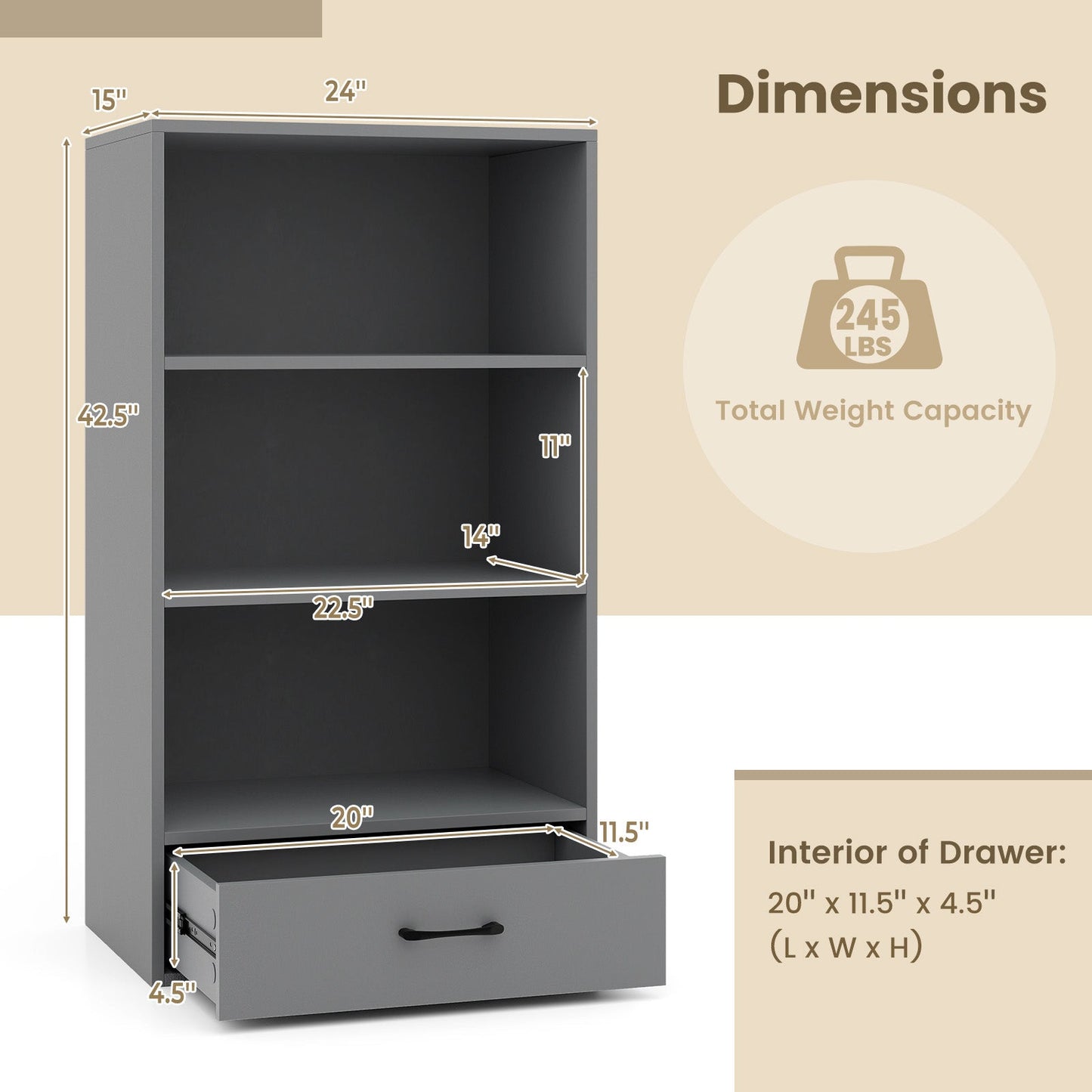 Tangkula 3 Tier Bookcase with Drawer, 48”Tall Freestanding Bookshelf