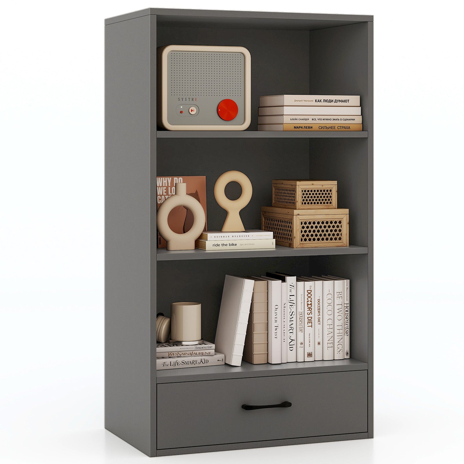 Tangkula 3 Tier Bookcase with Drawer, 48”Tall Freestanding Bookshelf