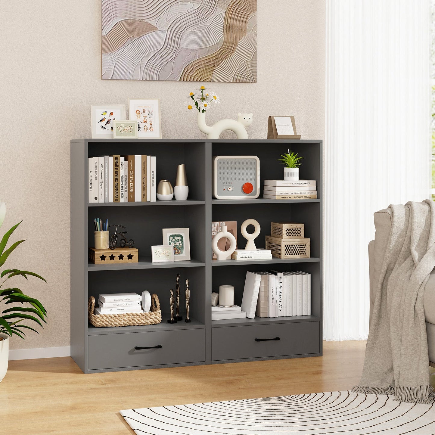 Tangkula 3 Tier Bookcase with Drawer, 48”Tall Freestanding Bookshelf