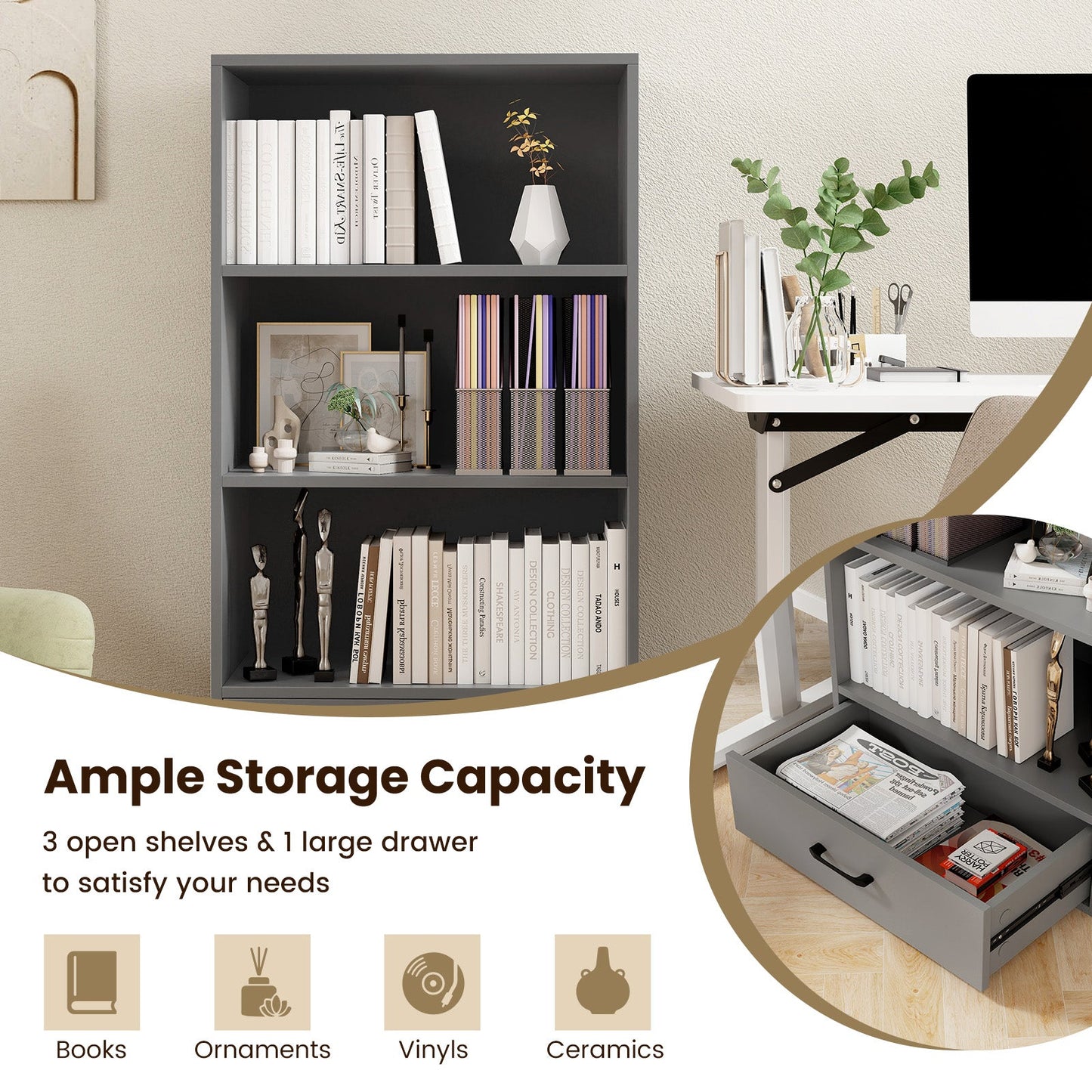Tangkula 3 Tier Bookcase with Drawer, 48”Tall Freestanding Bookshelf