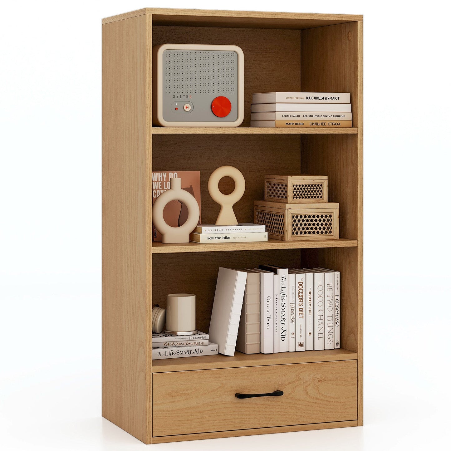 Tangkula 3 Tier Bookcase with Drawer, 48”Tall Freestanding Bookshelf