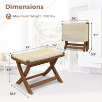 Tangkula Folding Natural Rattan Ottoman, Saddle Footrest Stool with Hand-Woven Seat & X-Shaped Teak Wood Frame