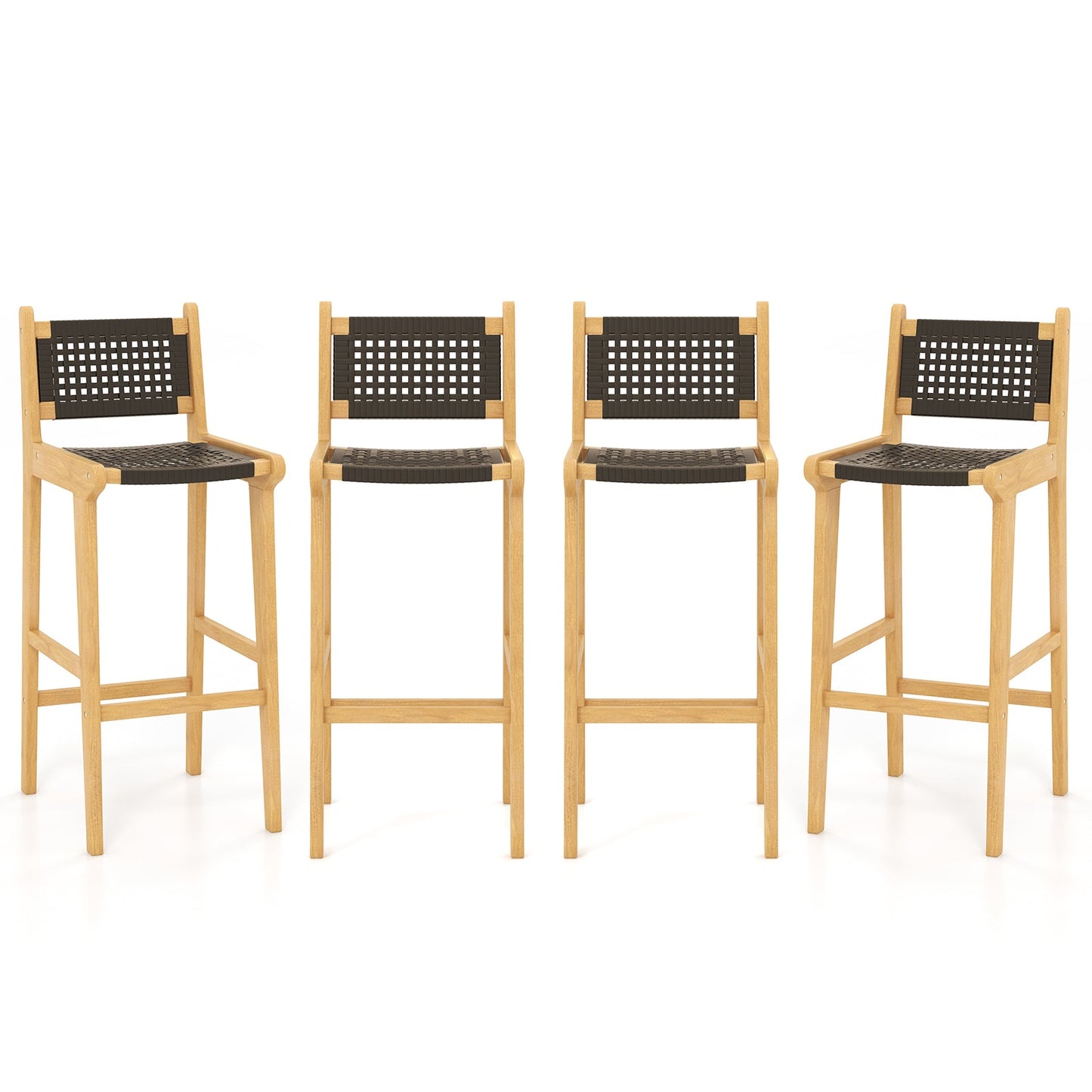 Tangkula Teak Wood Bar Chair, 30” Rattan Bar Stool with Backrest & Footrest