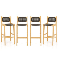 Tangkula Teak Wood Bar Chair, 30” Rattan Bar Stool with Backrest & Footrest