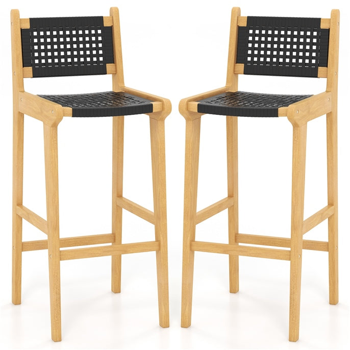 Tangkula Teak Wood Bar Chair, 30” Rattan Bar Stool with Backrest & Footrest