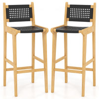 Tangkula Teak Wood Bar Chair, 30” Rattan Bar Stool with Backrest & Footrest