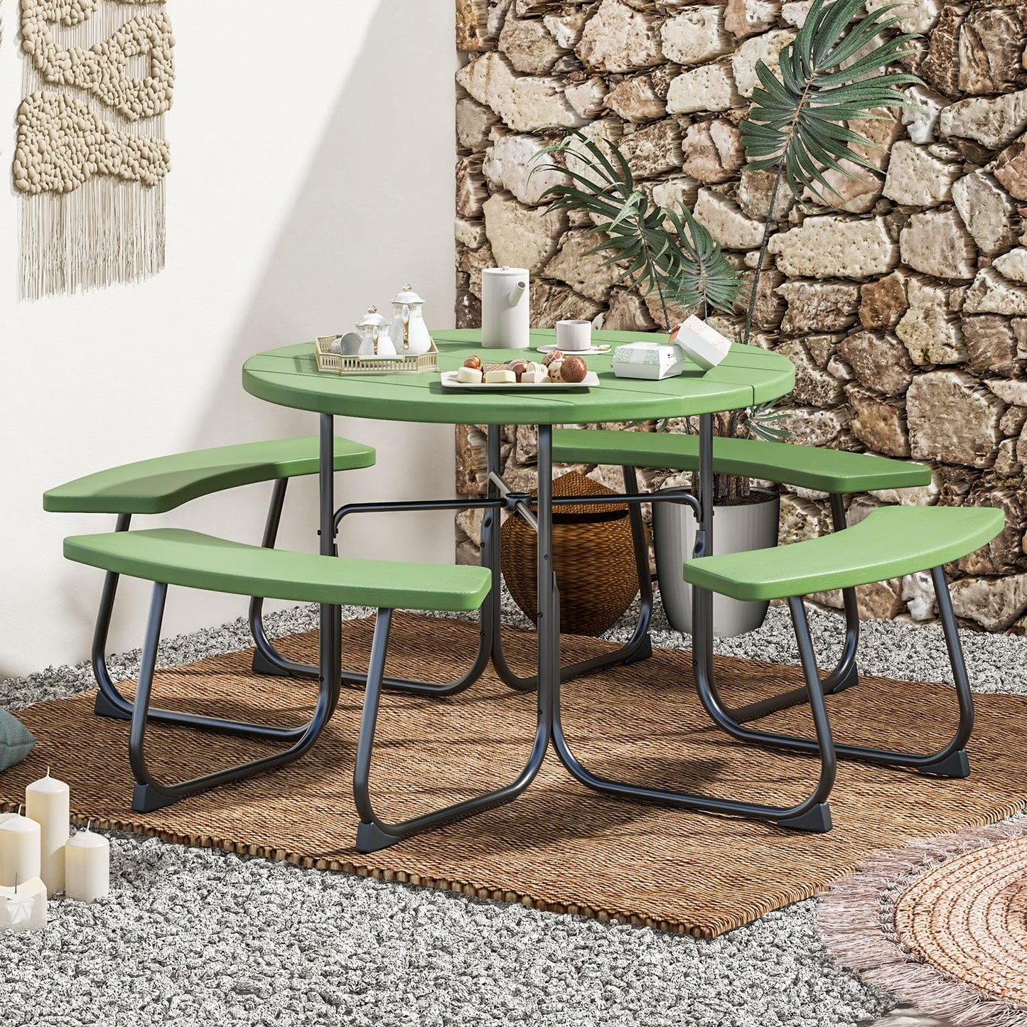 Tangkula 8 Person Picnic Table, Outdoor Round Picnic Table with 4 Built-in Benches, Umbrella Hole