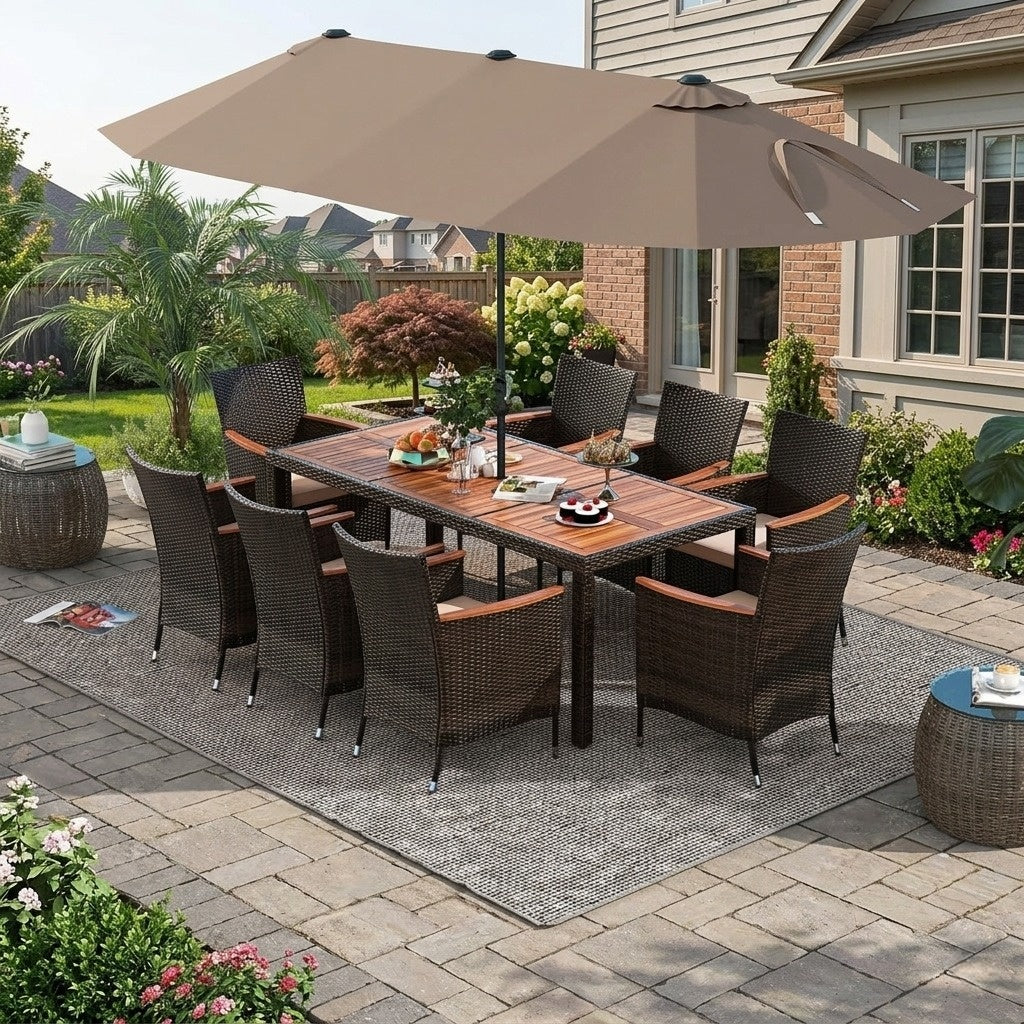 Ensemble de salle à manger Tangkula 11 pièces pour terrasse avec parasol déporté à LED de 4,5 m (socle inclus)