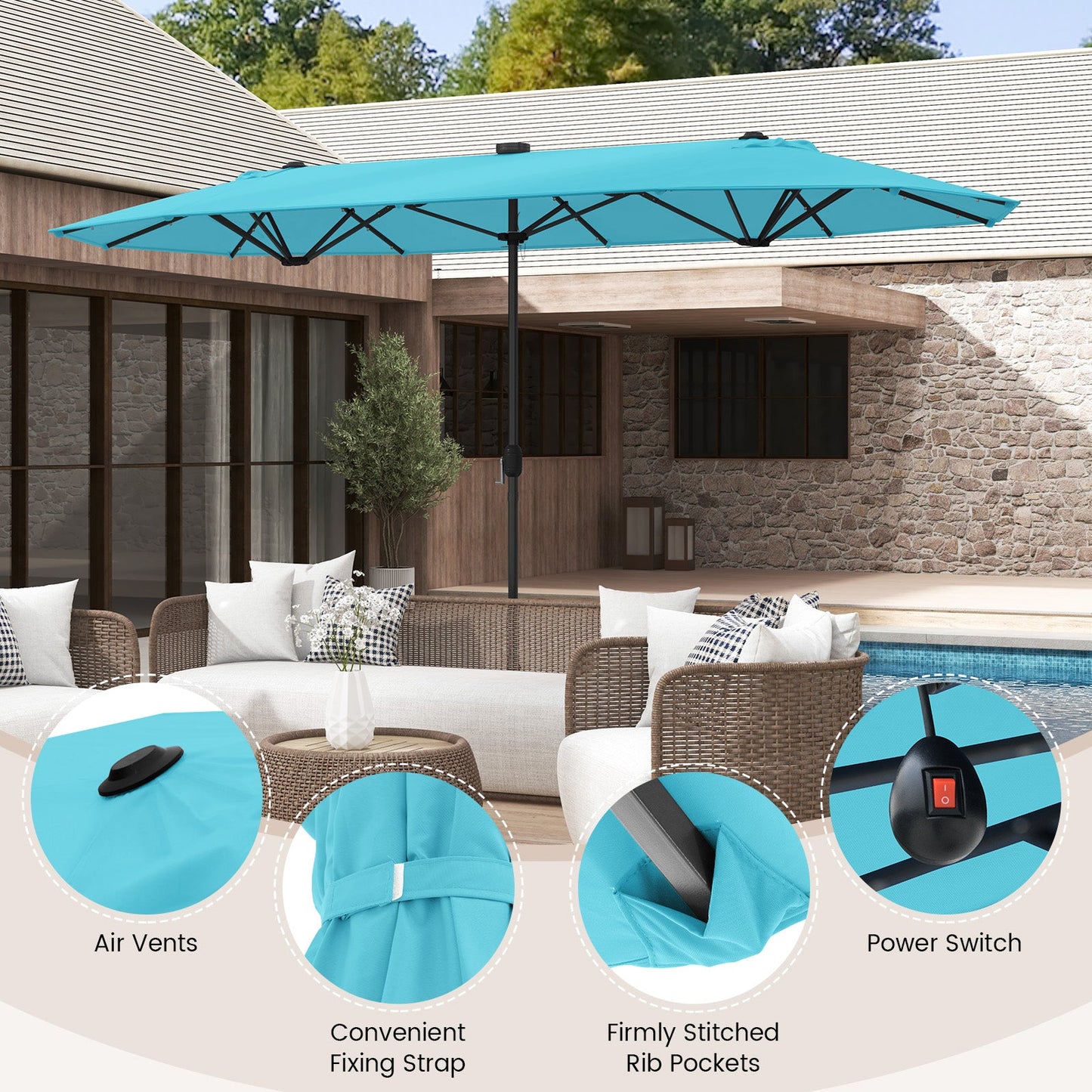 Tangkula 13FT Double-sided Patio Umbrella with Solar Lights, Large Twin Table Umbrella with Crank Handle